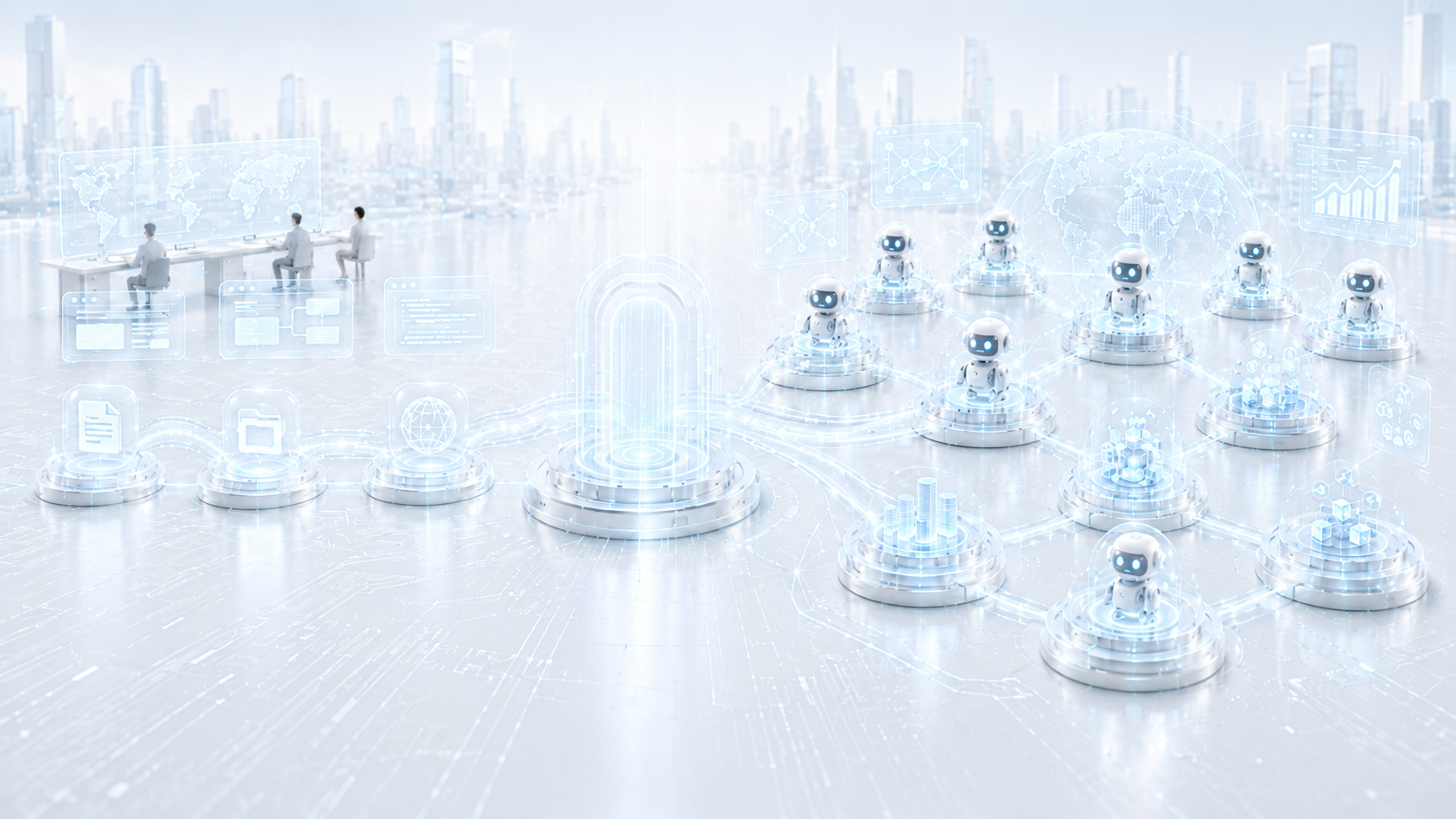 Networked AI agents and digital service nodes collaborating across a futuristic city interface