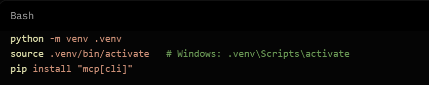 Screenshot of creating the Python MCP project with pip