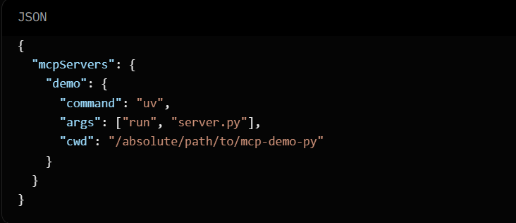 Screenshot of a host MCP configuration for a stdio server