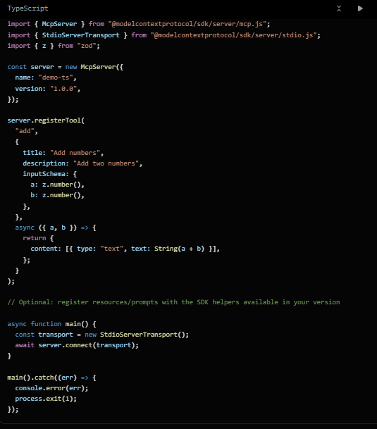 Screenshot of the TypeScript MCP server code in src/server.ts